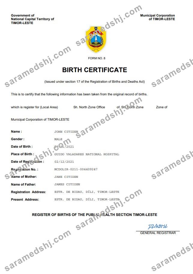 Timor-Leste birth certificate Word and PDF template